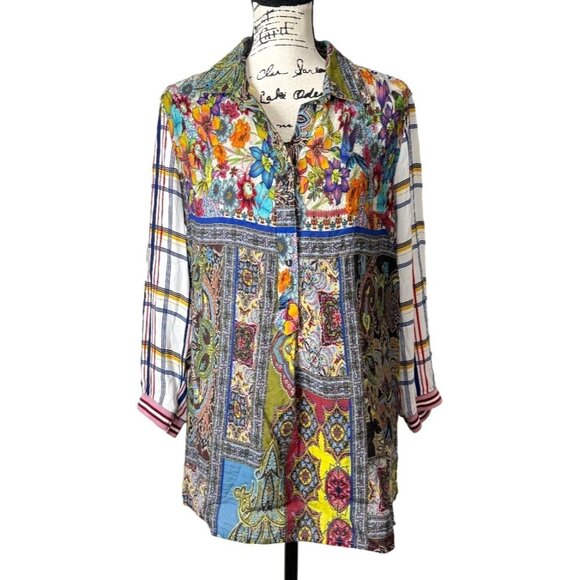 John Mark Tops - John Mark Mixed Pattern Button-Up Tunic Multicolor Top Boho Art Womens Size M